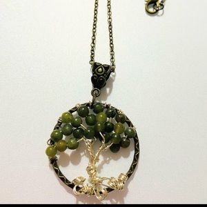 African jade beaded wire wrapped tree of life necklace
